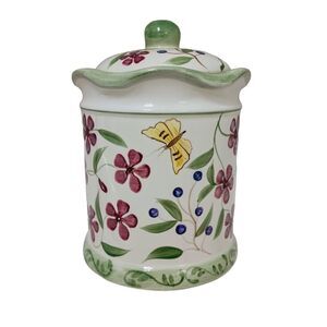 Butterfly Berries Ceramic Canister 7.5" White Green Hand Painted  Flowers Lid